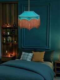 Bespoke Handmade Teal Blue Fabric Pendant Lampshade Ceiling Lights, Chandeliers, Downton Abbey Style, Antique Gold Fringe - thumbnail 1