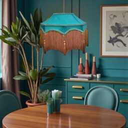 Bespoke Handmade Teal Blue Fabric Pendant Lampshade Ceiling Lights, Chandeliers, Downton Abbey Style, Antique Gold Fringe - thumbnail 3
