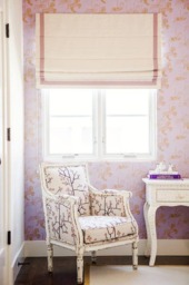 Custom Linen Roman Shade, Cream Camellia Border, Window Treatment