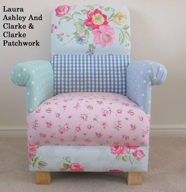 Laura Ashley Fabric Adult Armchair Handcrafted Patchwork Accent Chair Blue Green Pink Floral - image 1