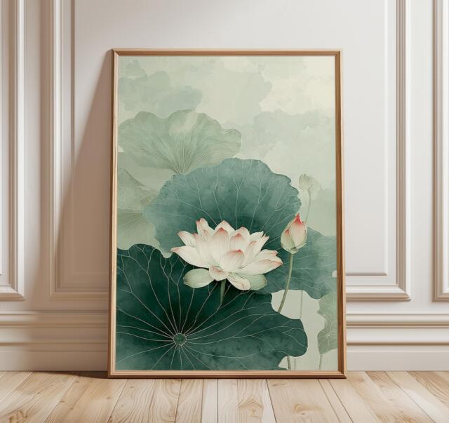 Lotus Flower Wall Art Print, Minimal Botanical Painting, Asian Zen Decor, Green Nature Illustration, Elegant Floral Artwork For Home - image 1