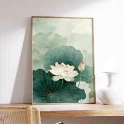 Lotus Flower Wall Art Print, Minimal Botanical Painting, Asian Zen Decor, Green Nature Illustration, Elegant Floral Artwork For Home - thumbnail 2