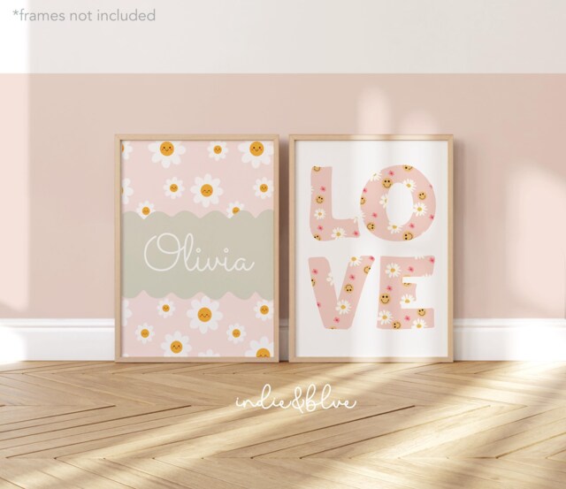 Set Of 2 Personalised Flower Prints, Name Wildflower Print, Inspirational Floral Pastel Wall Art, Teen Girl Bedroom - image 1