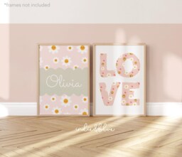 Set Of 2 Personalised Flower Prints, Name Wildflower Print, Inspirational Floral Pastel Wall Art, Teen Girl Bedroom - thumbnail 1