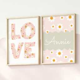 Set Of 2 Personalised Flower Prints, Name Wildflower Print, Inspirational Floral Pastel Wall Art, Teen Girl Bedroom - thumbnail 2