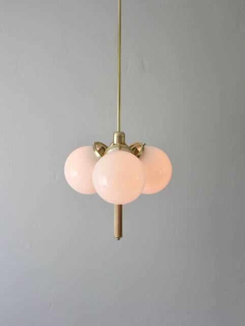 Globe Pendant Chandelier With Wooden Drop - 3 White Glass Globes Brass Mid Century Modern Ceiling Mount Lighting Fixture - image 1