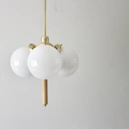 Globe Pendant Chandelier With Wooden Drop - 3 White Glass Globes Brass Mid Century Modern Ceiling Mount Lighting Fixture - thumbnail 2