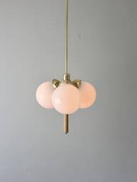 Globe Pendant Chandelier With Wooden Drop - 3 White Glass Globes Brass Mid Century Modern Ceiling Mount Lighting Fixture