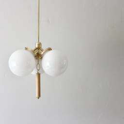 Globe Pendant Chandelier With Wooden Drop - 3 White Glass Globes Brass Mid Century Modern Ceiling Mount Lighting Fixture - thumbnail 4