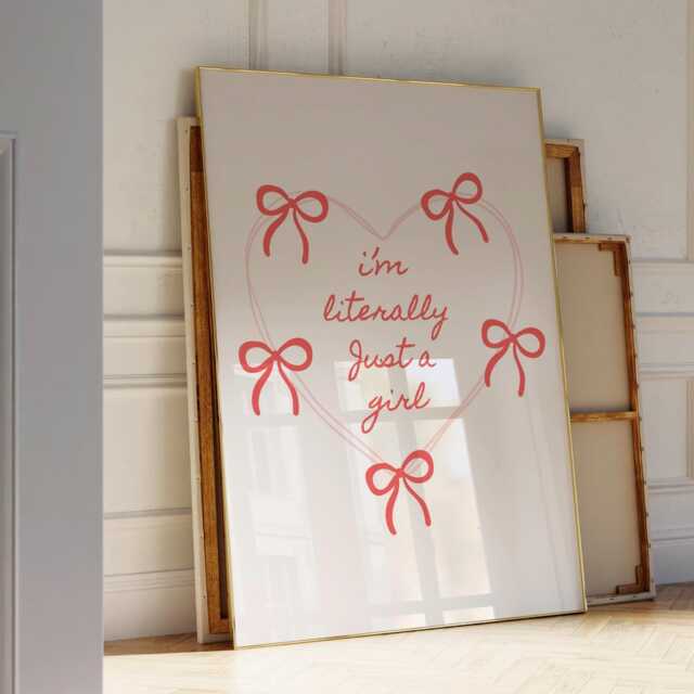 I'm Literally Just A Girl Wall Print, Coquette Girly Art, Red Decor, Aesthetic Bows, Heart Trendy Bedroom Poster - image 1