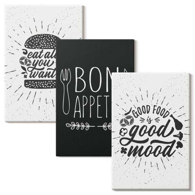 Canvas Wall Art Set Of 3 - Graphics With Food & Culinary Slogans, Black White Print, Drinks Hanging Piece - image 1