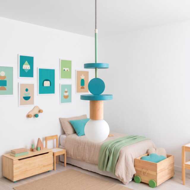Handmade Wooden Nursery Lamp, Turquoise Bedroom Lighting Chandelier, Modern Wood Pendant Light - image 1
