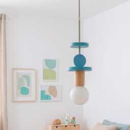 Handmade Wooden Nursery Lamp, Turquoise Bedroom Lighting Chandelier, Modern Wood Pendant Light - thumbnail 4
