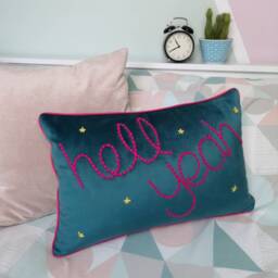 Hell Yeah Embroidered Teal Velvet Cushion - thumbnail 4