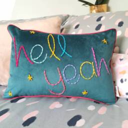 Hell Yeah Embroidered Teal Velvet Cushion - thumbnail 1