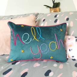 Hell Yeah Embroidered Teal Velvet Cushion - thumbnail 3