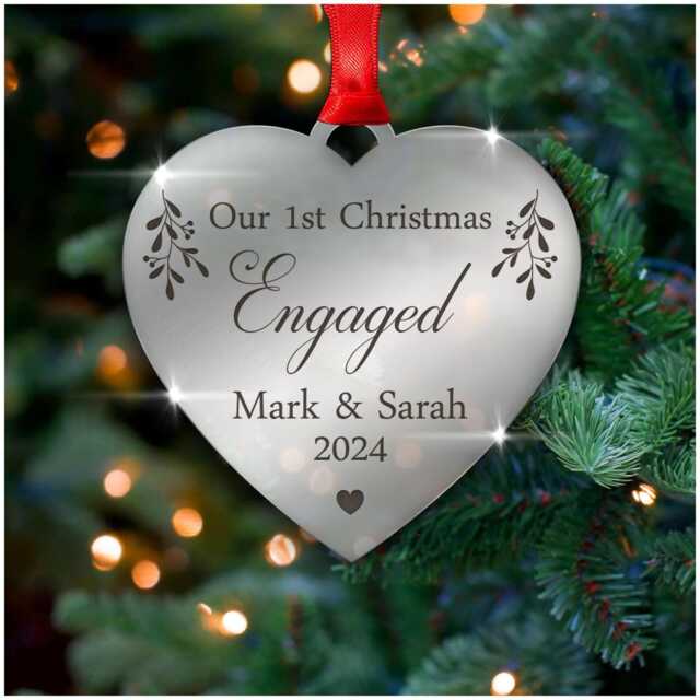 Our 1st Christmas Engaged, Engagement Gift For Fiance, Personalised Engaged Couple Ornament, First With Red Bag - image 1