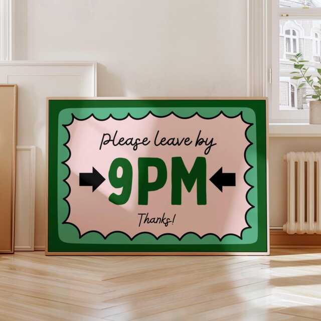 Please Leave By 9Pm Retro Horizontal Wall Print, Green Funky Poster, Funny Quote Bedroom Decor, Playful Sassy Art - image 1