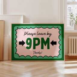 Please Leave By 9Pm Retro Horizontal Wall Print, Green Funky Poster, Funny Quote Bedroom Decor, Playful Sassy Art - thumbnail 1