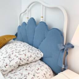 Dusty Blue Linen Headboard Cushion With Ties, Ikea Sagstua Bed Jeans Color Padded Pillow, Cottage Decor - thumbnail 2