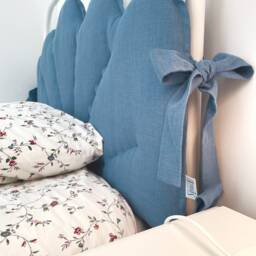 Dusty Blue Linen Headboard Cushion With Ties, Ikea Sagstua Bed Jeans Color Padded Pillow, Cottage Decor - thumbnail 3