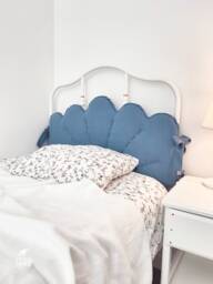 Dusty Blue Linen Headboard Cushion With Ties, Ikea Sagstua Bed Jeans Color Padded Pillow, Cottage Decor - thumbnail 1