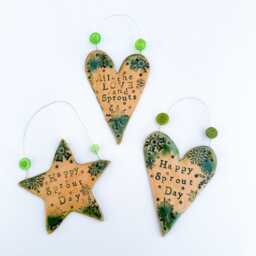 Christmas Tree Decoration - Happy Sprout Day, Ceramic Star/ Heart. Handmade in Wales UK - thumbnail 4