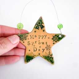 Christmas Tree Decoration - Happy Sprout Day, Ceramic Star/ Heart. Handmade in Wales UK - thumbnail 2