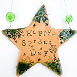 Christmas Tree Decoration - Happy Sprout Day, Ceramic Star/ Heart. Handmade in Wales UK - thumbnail 3