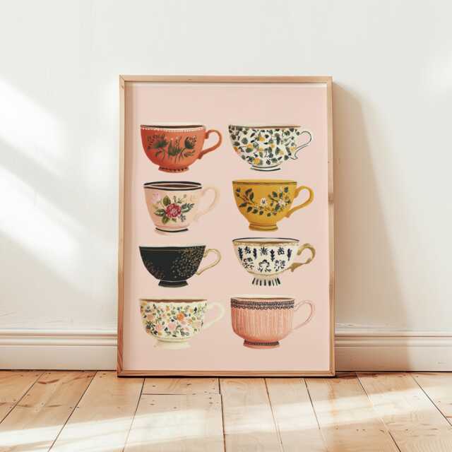 Vintage Teacup Collection Poster - Mismatched Floral Coffee Mugs Wall Art Shabby Chic Kitchen Paper Print - image 1