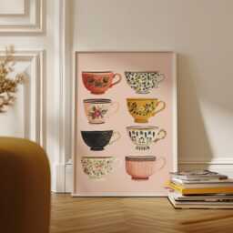 Vintage Teacup Collection Poster - Mismatched Floral Coffee Mugs Wall Art Shabby Chic Kitchen Paper Print - thumbnail 2