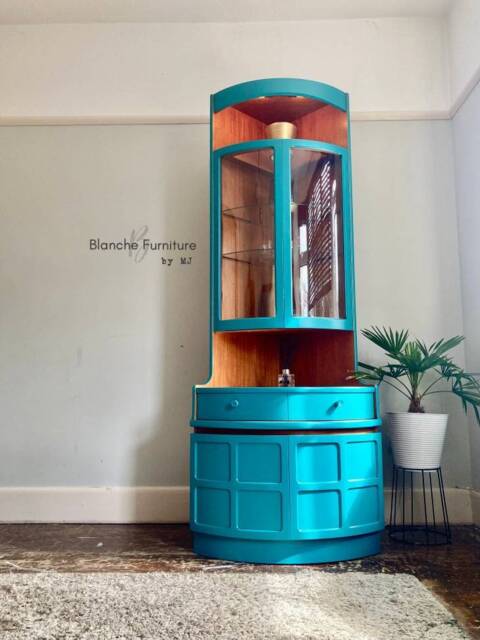 Tall Mid Century Modern Luxury Corner Drinks Cabinet By Nathan - Vintage Cocktail Display Unit, With Lighting - image 1
