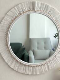White Macrame Mirror, Beaded Boho Wall Hanging - 31.4