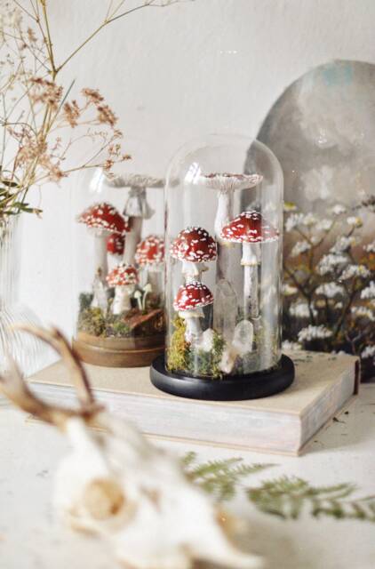 Ooak Terrarium With Toadstools - Decoration Forest Under A Glass Dome Rock Crystal, Glowing Mushrooms - image 1