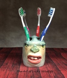 Toothbrush/Needle Holder -Ready To Ship - Wheel Thrown, Hand Altered & Sculpted Holder For Your Toothbrushes Or Crafting Supplies. How Cool - thumbnail 1