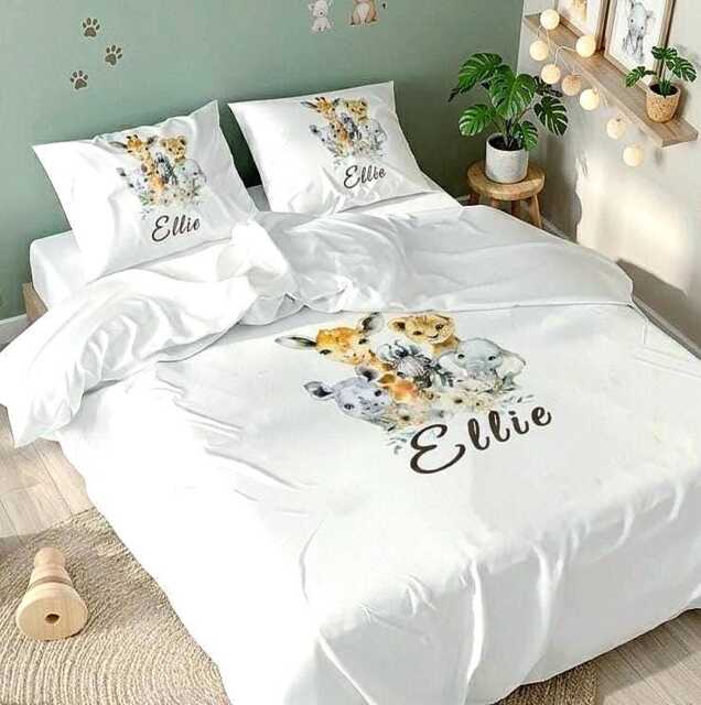 Personalised Safari Animals Kids Bedding Set, Custom Toddler Duvet Cover, Nursery Giraffe Elephant Lion - image 1