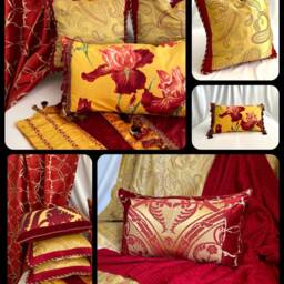 Bohemian Red Gold Silk Velvet Bedding Set With Decorative Pillows - thumbnail 2
