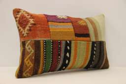 Vintage Turkish Kilim Lumbar Pillow Cover, Boho Cushion - 12x20 In