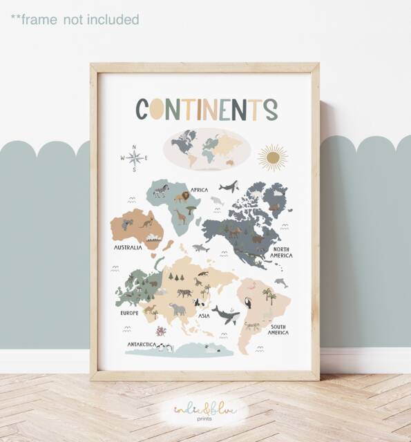 Continents Chart, Unframed Print, World Map, Classroom Decor, Educational Montessori Playroom Prints, Scandi Art - image 1