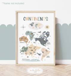 Continents Chart, Unframed Print, World Map, Classroom Decor, Educational Montessori Playroom Prints, Scandi Art - thumbnail 1