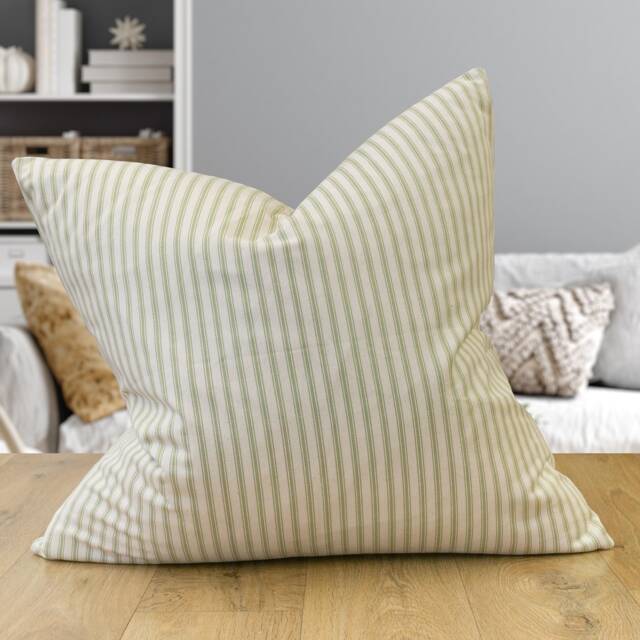 Nautical Cotton Ticking Stripe Extra-Large Cushion. Nature Inspired Sage Green & Bright White Design. 23X23
