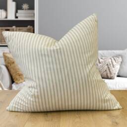Nautical Cotton Ticking Stripe Extra-Large Cushion. Nature Inspired Sage Green & Bright White Design. 23X23