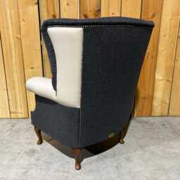 British Handmade Dark Grey Herringbone Wool With Taupe Leather Leather High Round Back Wing Chair - thumbnail 3