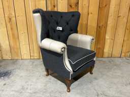 British Handmade Dark Grey Herringbone Wool With Taupe Leather Leather High Round Back Wing Chair - thumbnail 1