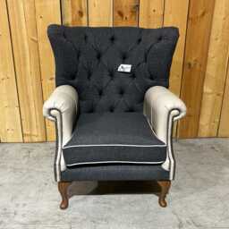 British Handmade Dark Grey Herringbone Wool With Taupe Leather Leather High Round Back Wing Chair - thumbnail 2