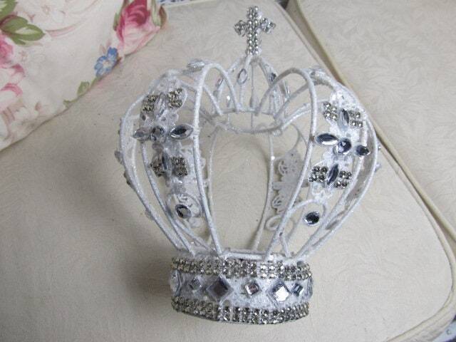 White Glittered & Rhinestoned Christmas Crown, Tree Topper, Decoration, Centerpiece, Christmas Decor, Shabby Chic, Victorian, Crown Decor - image 1