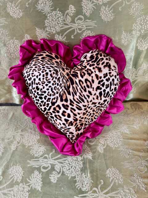 Handmade Leopard Print Velvet Heart Pillow, Hot Pink Ruffle Cushion - image 1