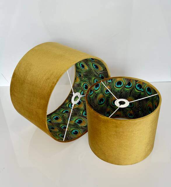 New Luxury Hq Double Sided Mustard Yellow Velvet & Peacock Feathers Combination Lamp Shade Pendant Light - image 1