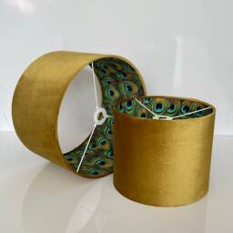 New Luxury Hq Double Sided Mustard Yellow Velvet & Peacock Feathers Combination Lamp Shade Pendant Light - thumbnail 2
