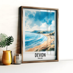 Devon Travel Print - Watercolour Poster Design - Wall Artwork Coast UK Gifts Home Decor Art Gift England Beach Picture - thumbnail 1